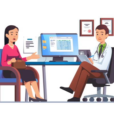 Cartoon of female patient speaking with male doctor at a computer desk