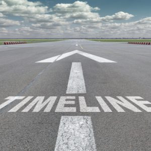A runway painted with the word "timeline" and an arrow.