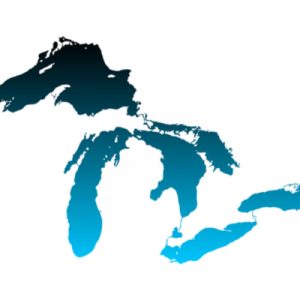 Image of the great lakes, with blue lakes on a white background.