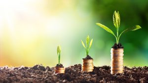 Three stacks of coins, each larger than the previous one, with plants growing out the top, indicating financing opportunities for community health workers.