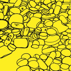 A bright yellow background with black outlines of opioid prescribed by physicians.