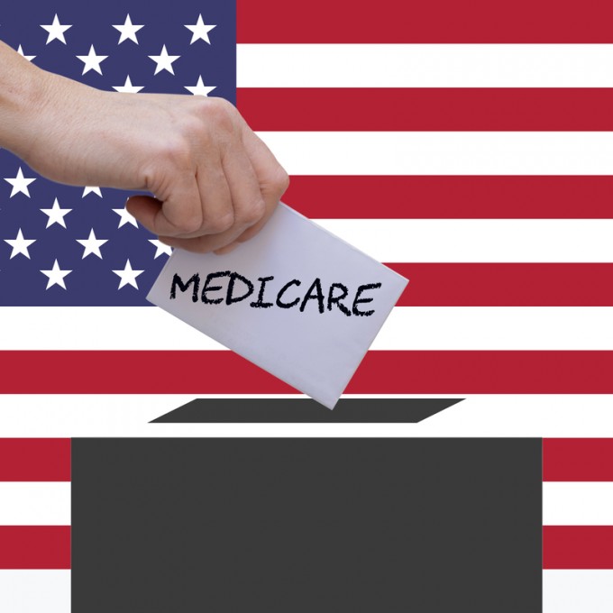 Ballot box with someone dropping in a card that reads Medicare