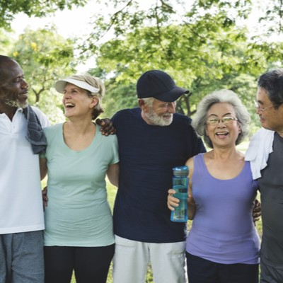 Happy seniors out for a walk