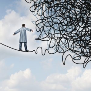 A physician walks a black tight rope towards a large messy tangle symbolizing burnout.