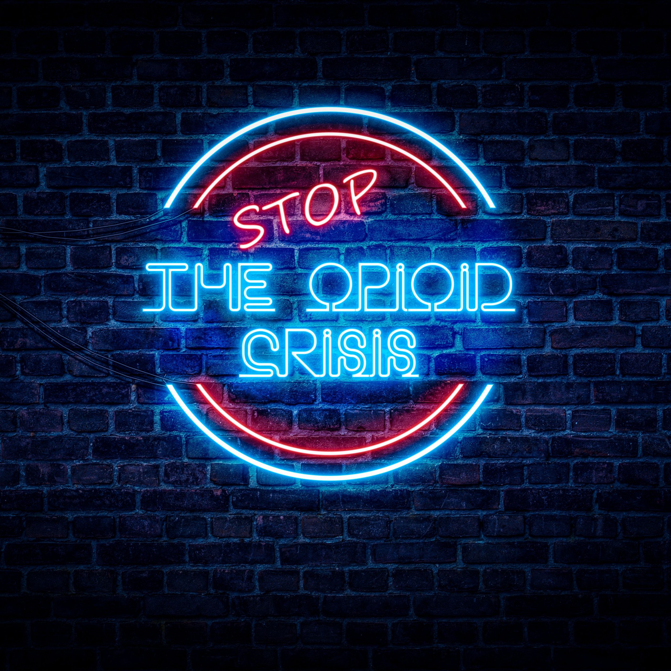 neon sign reads "Stop the opioid crisis"