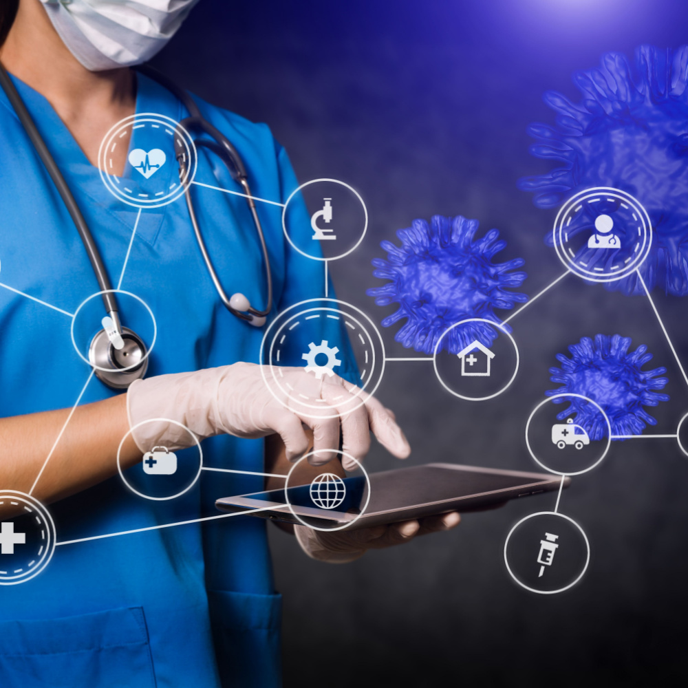 Infectious disease images overlaying a doctor using a tablet