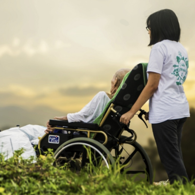 Caregiver and woman in wheelchair in a field