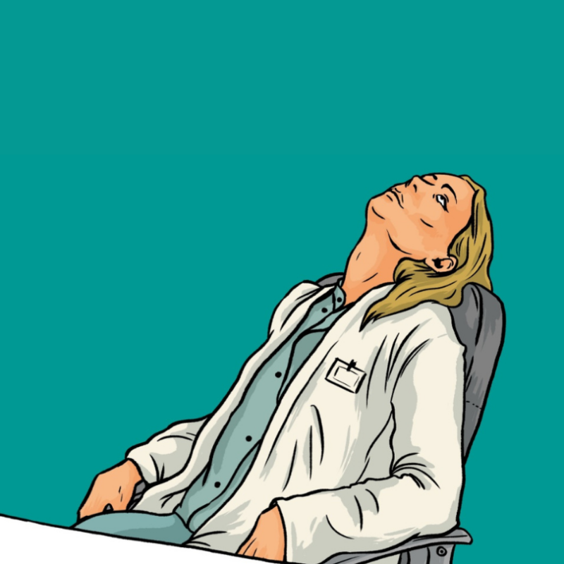 A female physician leans back in her chair, looking at the ceiling