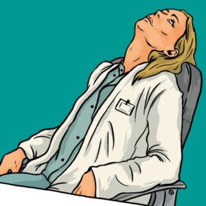 A female doctor leans back in her chair, looking up at the ceiling.