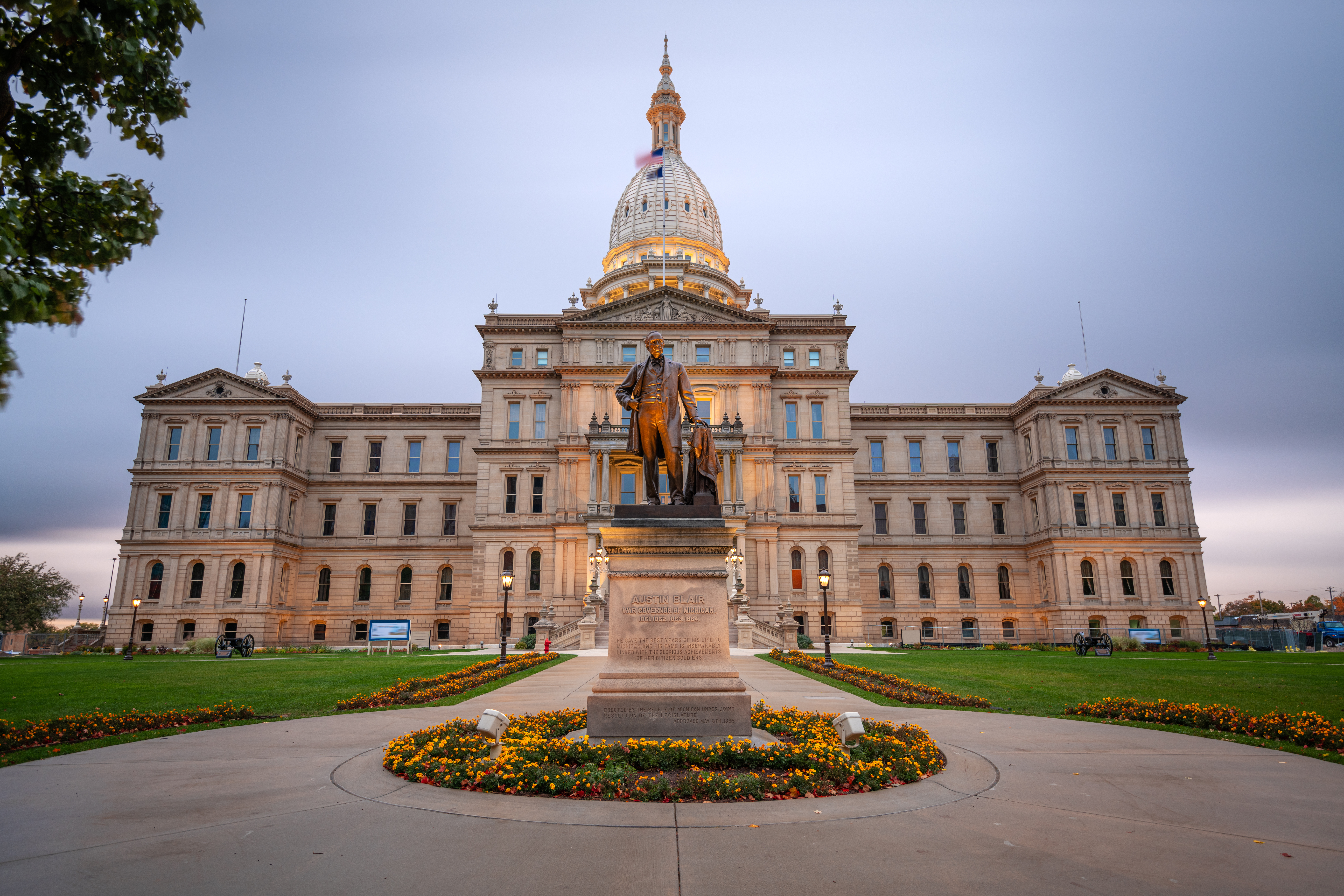 Michigan State Capitol building in the early evening. Lansing, Michigan, USA.